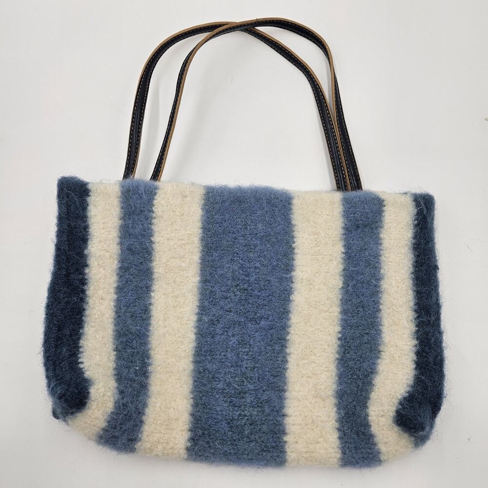 Blue & White Striped Felted Wool Handbag Double Handles Cottage Scandi Coastal
